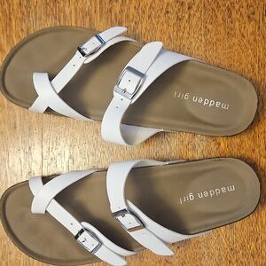 Madden Girl White and Tan Buckle Sandals